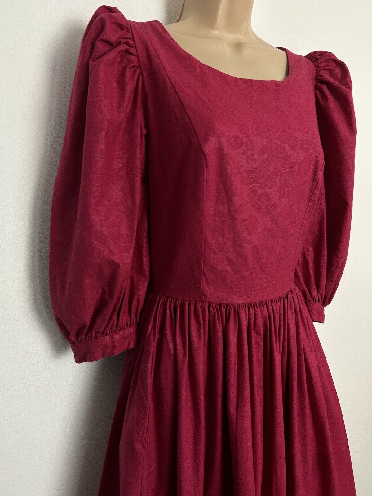 Vintage 1980s LAURA ASHLEY Raspberry Floral Embossed Cross Over Neck Back Detail Pleated Dress