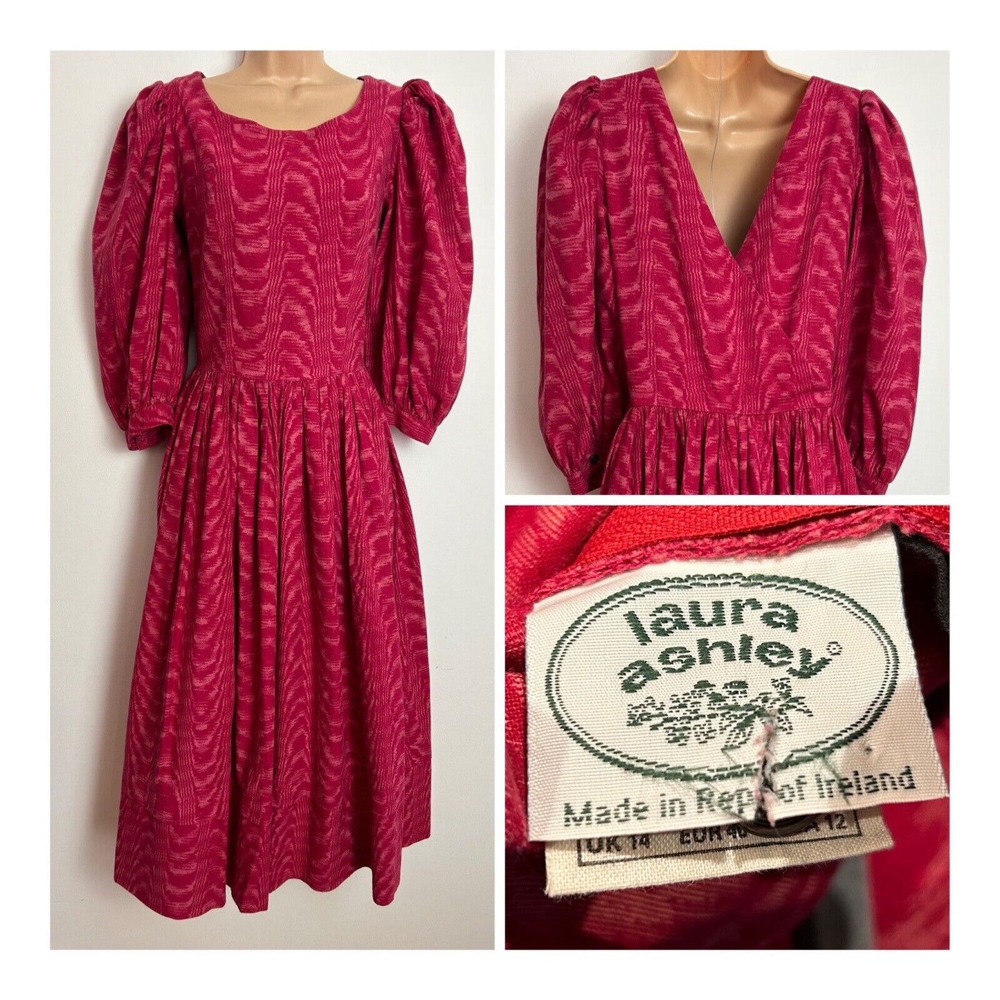 Vintage 1980's LAURA ASHLEY UK Size 10 (14 On Label) Made In Rep Of Ireland Dark Pink Midi Dress