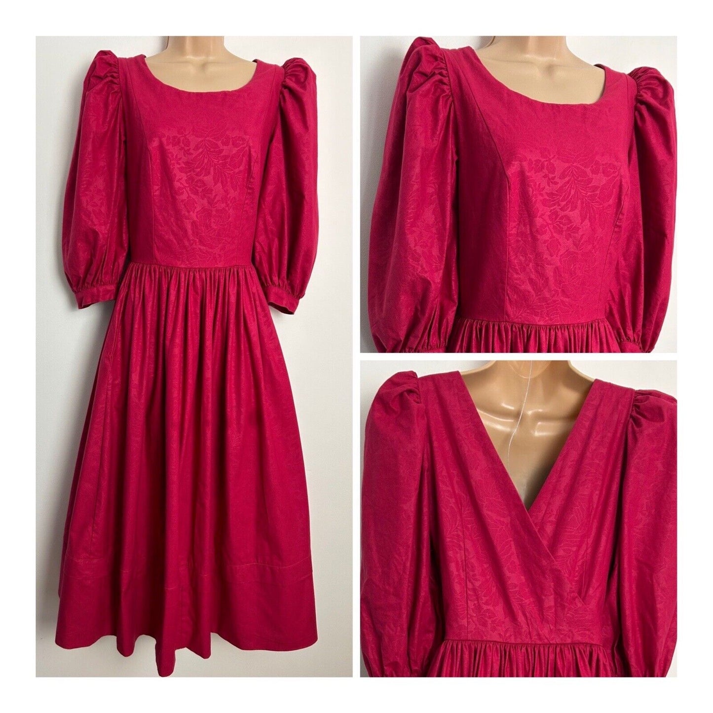 Vintage 1980s LAURA ASHLEY Raspberry Floral Embossed Cross Over Neck Back Detail Pleated Dress