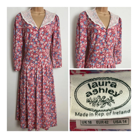 Vintage 1980s LAURA ASHLEY Republic Of Ireland Red & Pink Floral Lace Collar Dress Size 12 (Size 16 On Label)