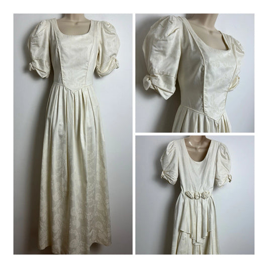 Vintage 1980s LAURA ASHLEY Size 8 Cream Pleated Wedding Romantic Maxi Dress Size 8 (Size 12 On Label)