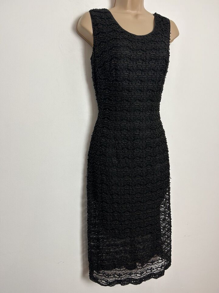 Vintage 1960s VERY RARE MA CHERIE UK Size 10 Haute Couture Black Beaded Fitted Evening Party Dress