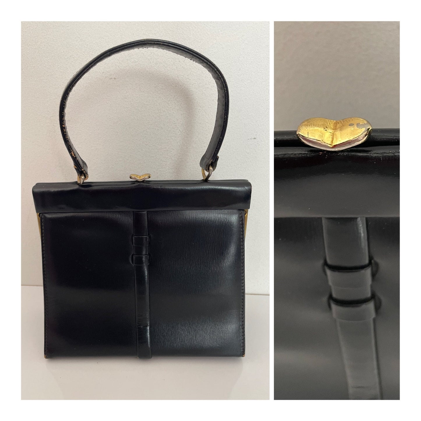 Vintage 1960s Lovely Black Leather Grab Handle Small Kelly Bag Handbag