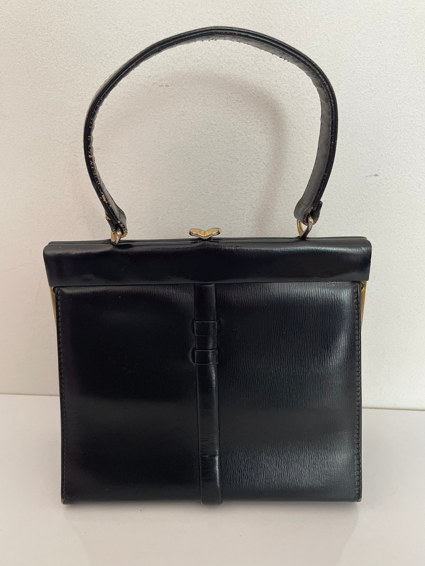 Vintage 1960s Lovely Black Leather Grab Handle Small Kelly Bag Handbag