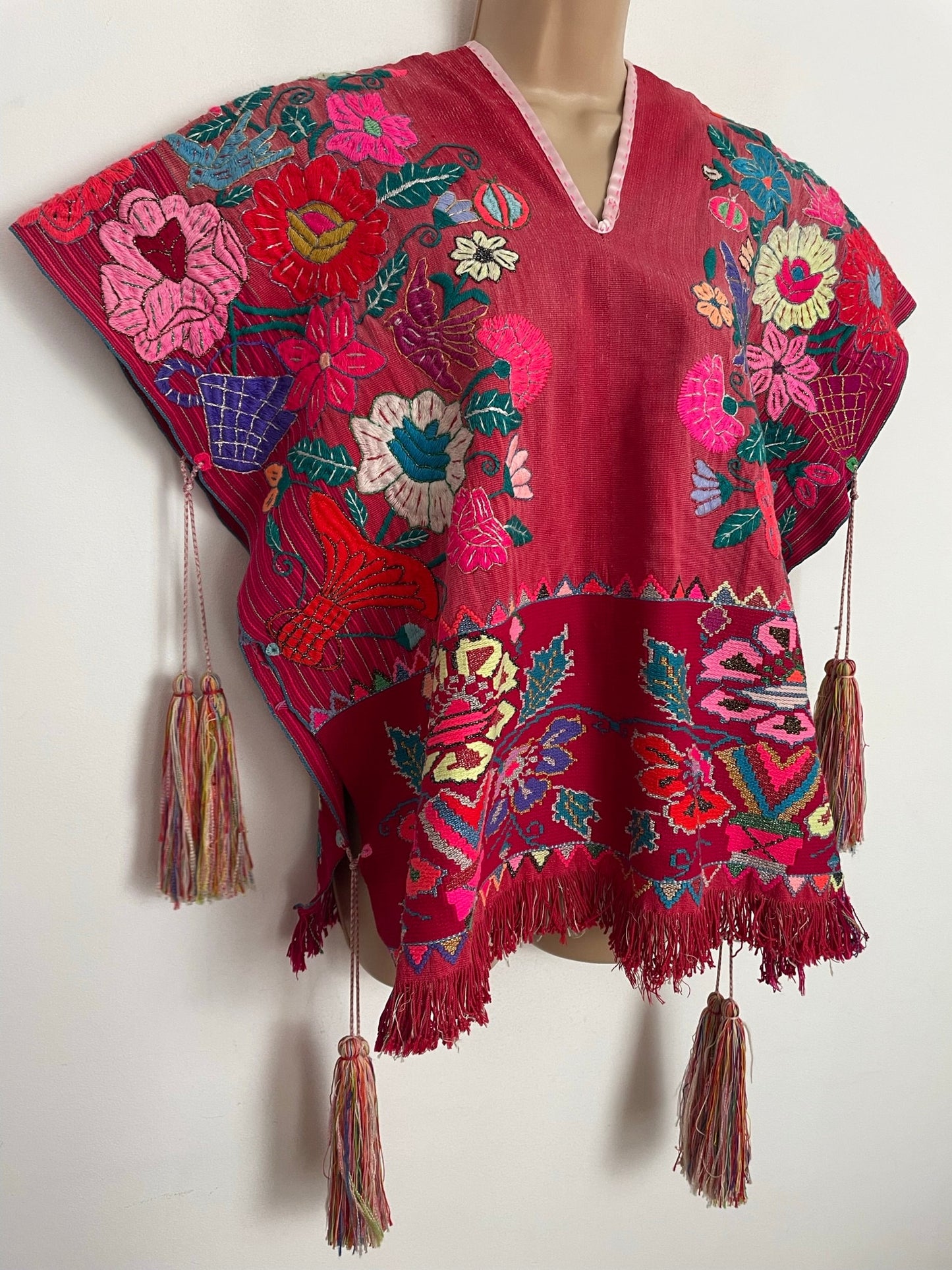 Vintage RARE Pink Mexican Mayan Zinacantan Handwoven Embroidered Tassel Detail Huipil Poncho Cape Up to Size 12