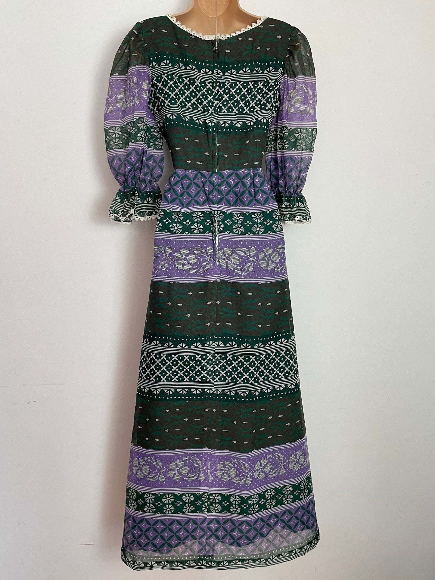Vintage 1970s UK Size 6 Dark Green & Purple Abstract Print 3/4 Sleeve Cotton Mix Prairie Boho Maxi Dress