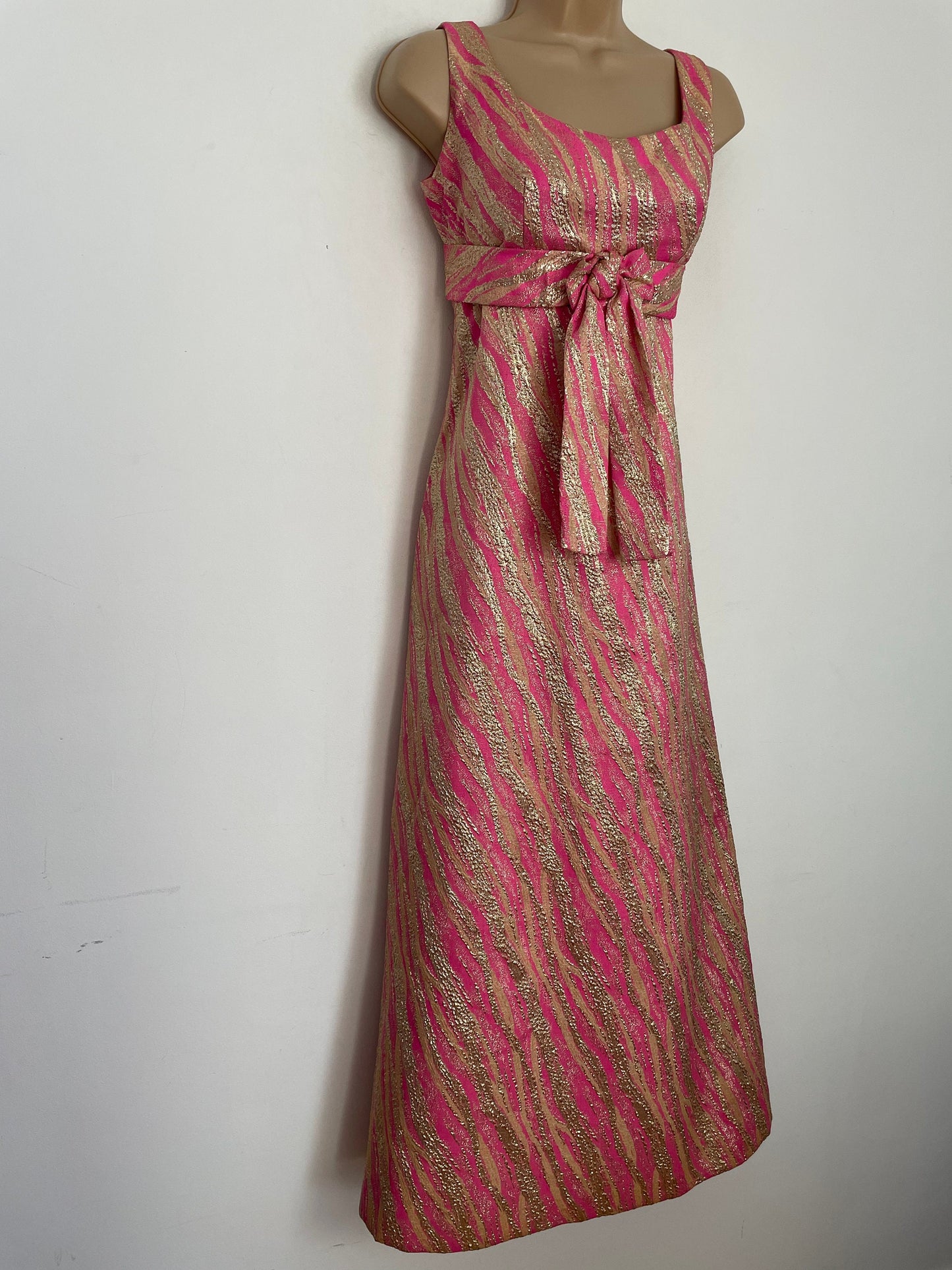 Vintage 1960s BLANES UK Size 8 Candy Pink & Metallic Gold Brocade Bow Detail Summer Occasion Evening Maxi Dress Gown