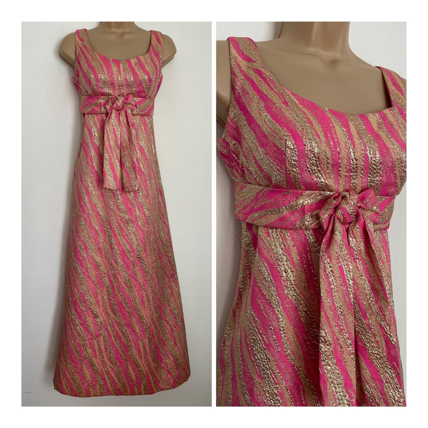 Vintage 1960s BLANES UK Size 8 Candy Pink & Metallic Gold Brocade Bow Detail Summer Occasion Evening Maxi Dress Gown