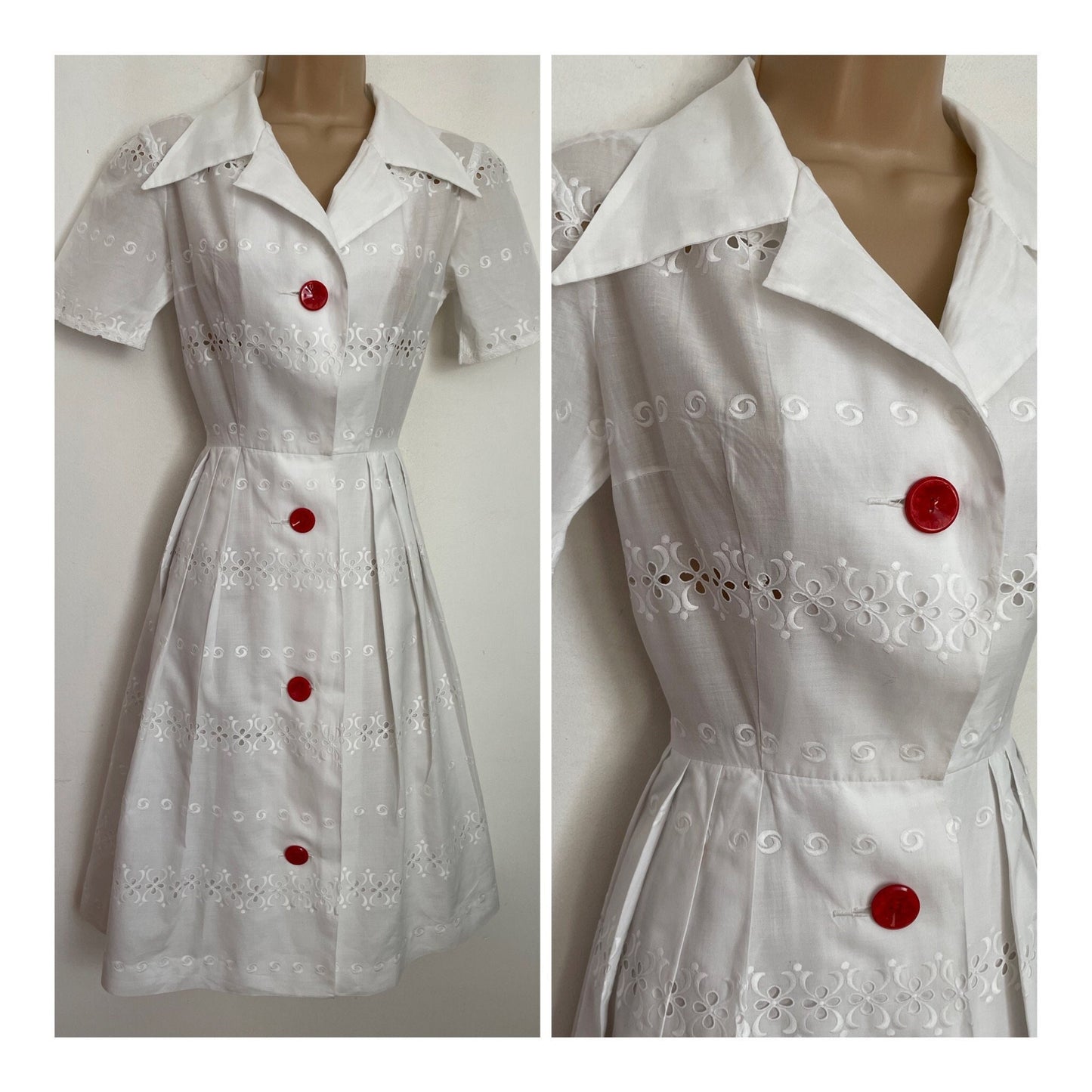 Vintage Late 1970s UK Size 8 White Cotton Broderie Anglais Red Button Short Sleeve Pleated Dagger Collar Summer Dress