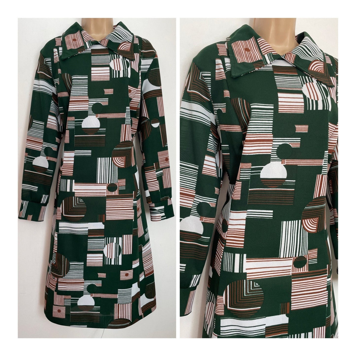 Vintage 1960s C&A UK Size 16 Mod Dark Green White And Brown Geo Print Long Sleeve Shift Dress