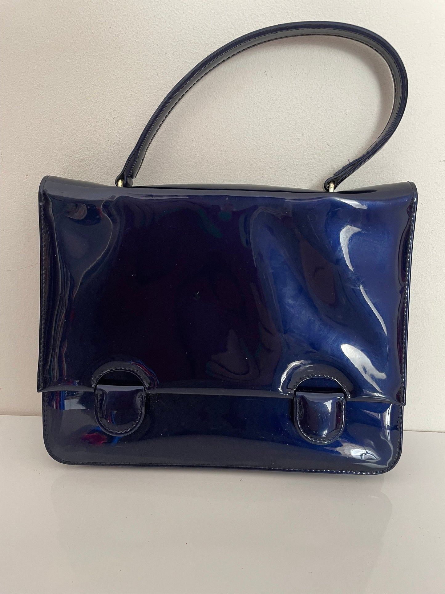 Vintage 1960s Gorgeous Navy Blue Patent Mod Tab Detail Kelly Bag Handbag