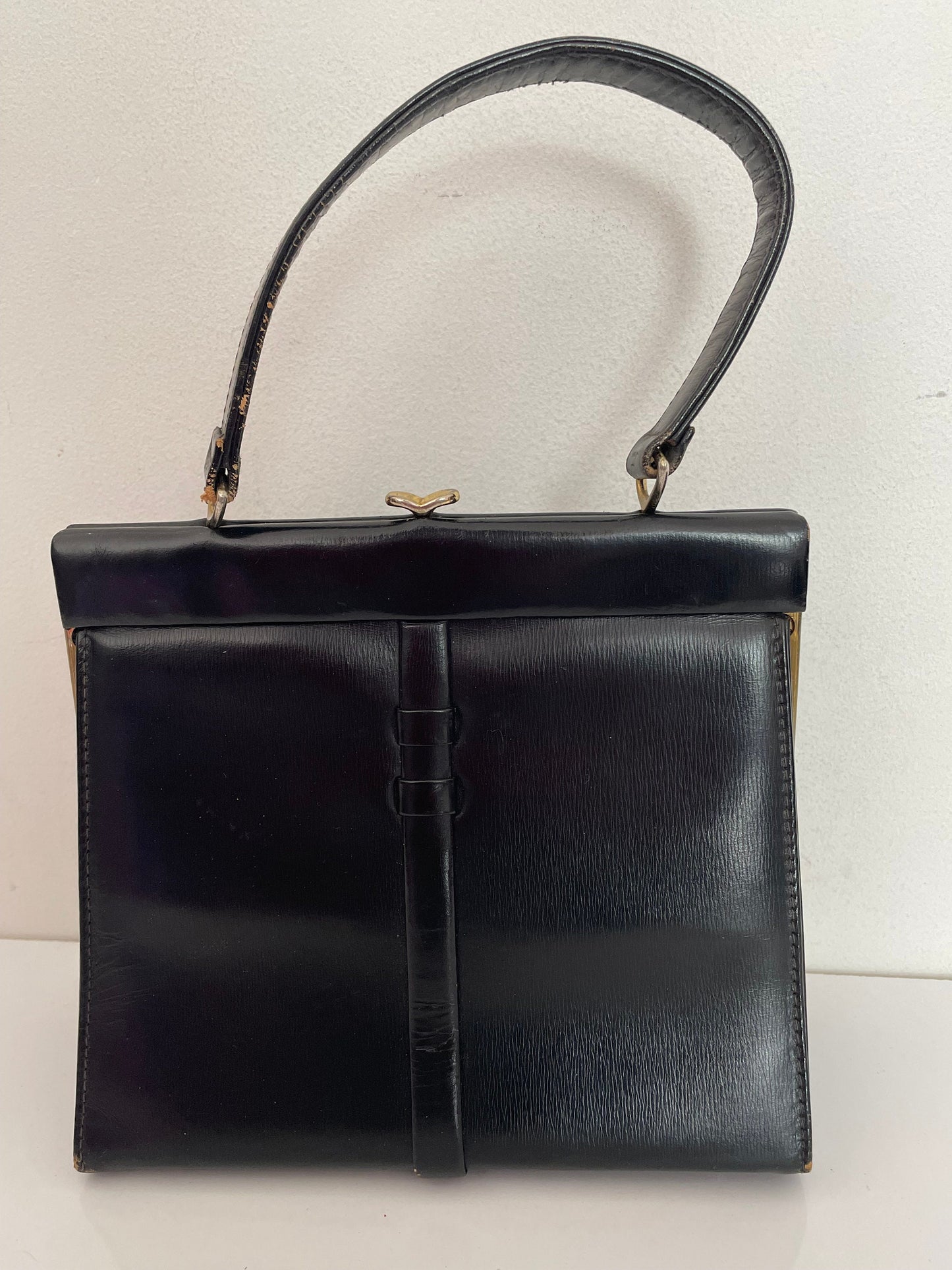 Vintage 1960s Lovely Black Leather Grab Handle Small Kelly Bag Handbag