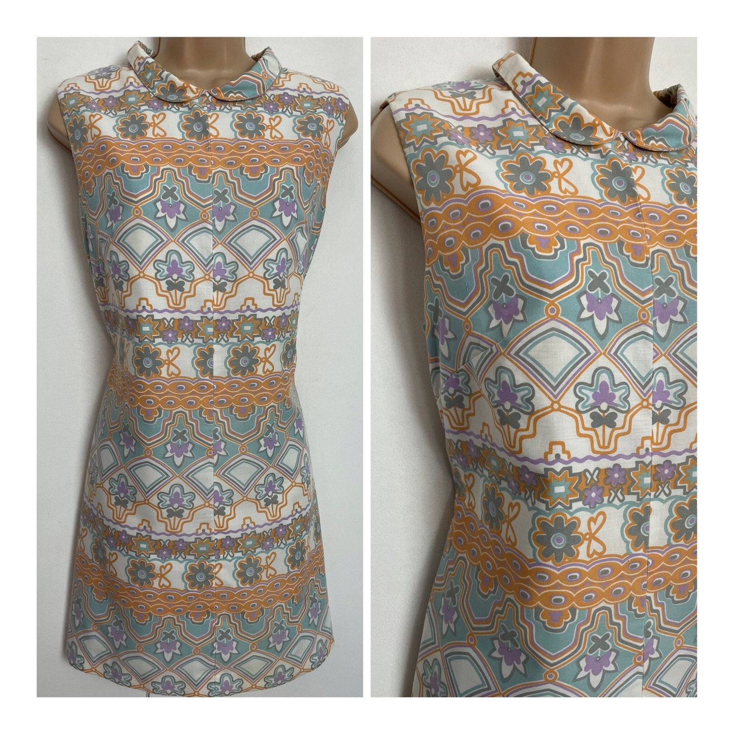 Vintage Early 1960s Samuel Sherman SAMBO UK 12 White Orange Grey Blue Abstract Print Cotton Mix Summer Mini Mod Shift Dress