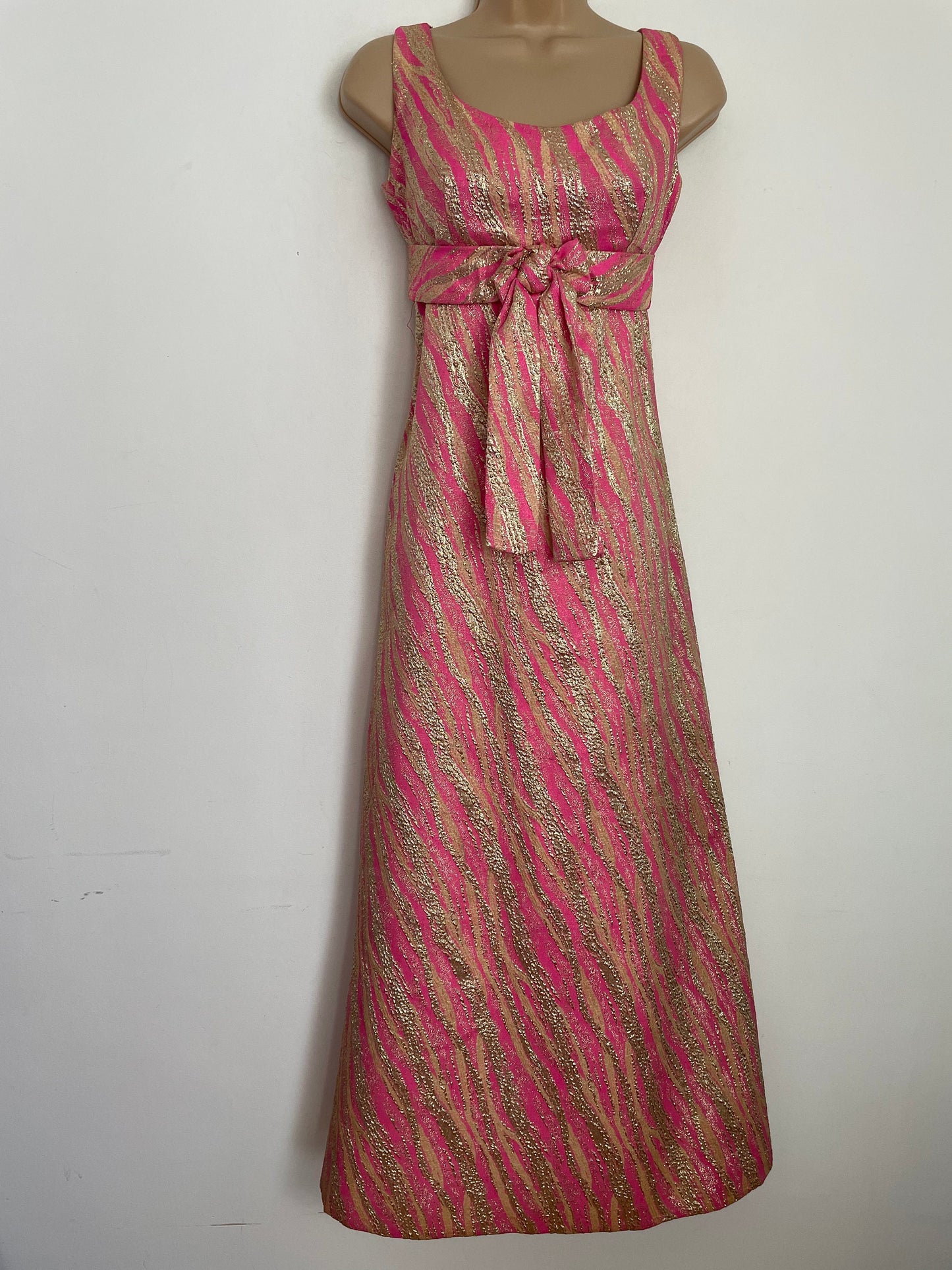 Vintage 1960s BLANES UK Size 8 Candy Pink & Metallic Gold Brocade Bow Detail Summer Occasion Evening Maxi Dress Gown