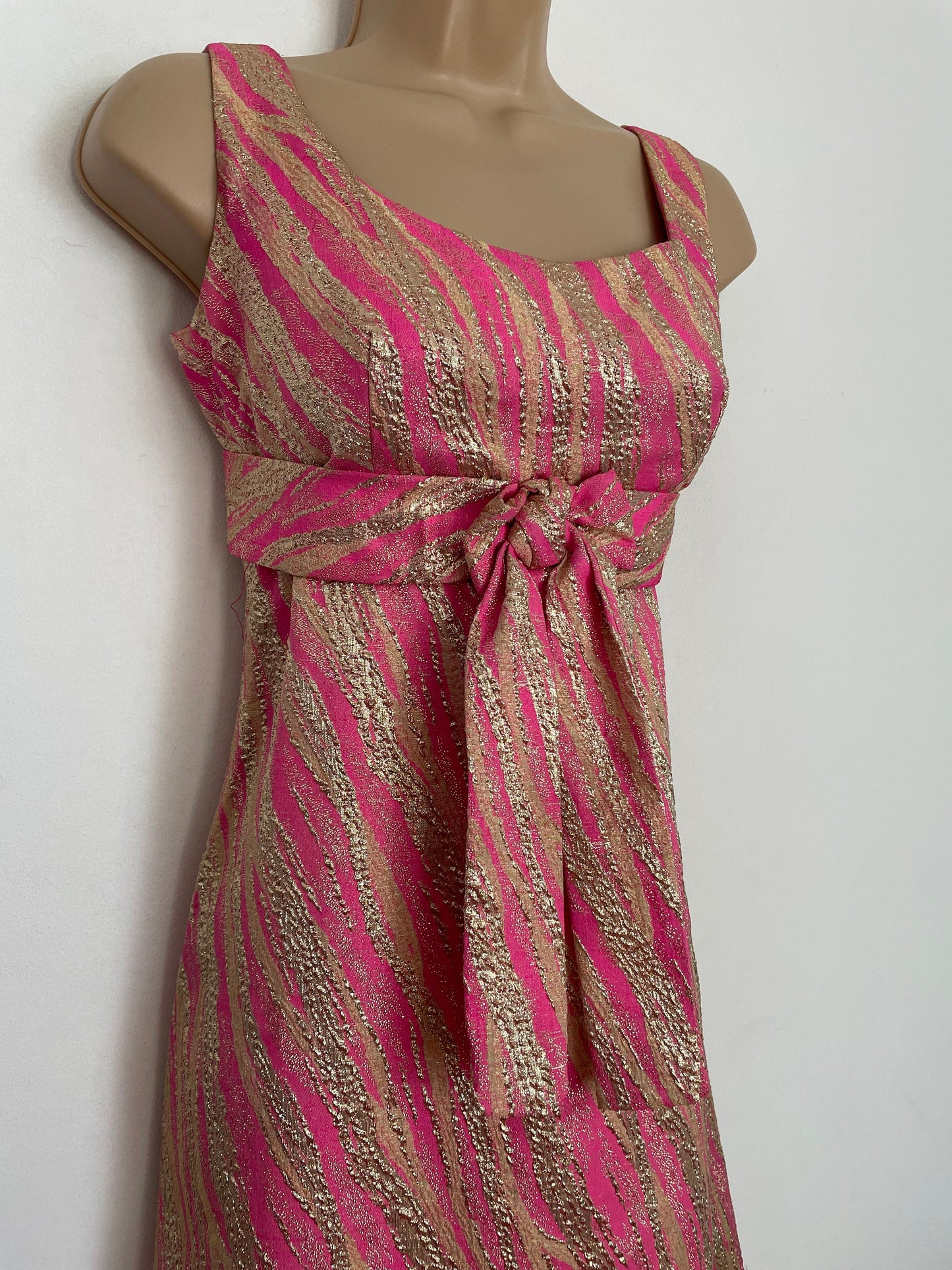 Vintage 1960s BLANES UK Size 8 Candy Pink & Metallic Gold Brocade Bow Detail Summer Occasion Evening Maxi Dress Gown