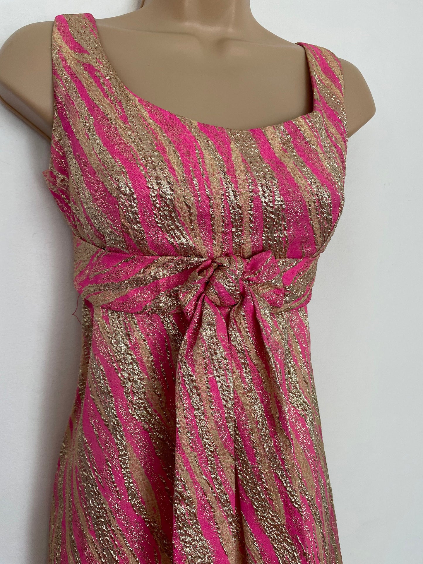 Vintage 1960s BLANES UK Size 8 Candy Pink & Metallic Gold Brocade Bow Detail Summer Occasion Evening Maxi Dress Gown